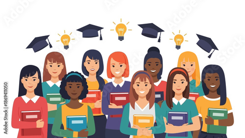 Diverse group of graduating students with lightbulbs symbolizing bright futures