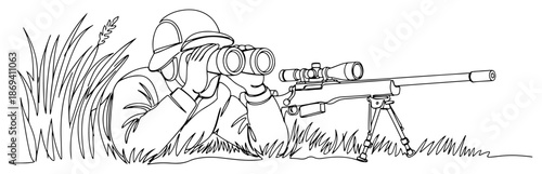 continuous line drawing of a sniper with binoculars next to rifle
