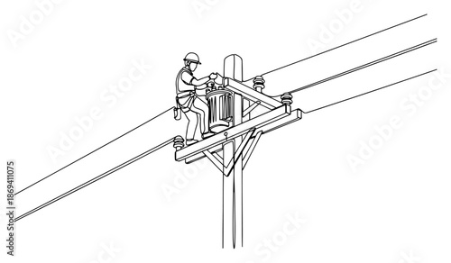 Continuous line drawing of an electrician repairing a power pole transformer at height