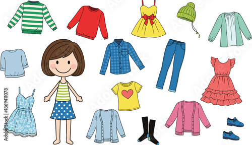 Cute girl character with large collection of seasonal clothing including dresses sweaters jeans and accessories, fashion wardrobe set flat line art illustration.