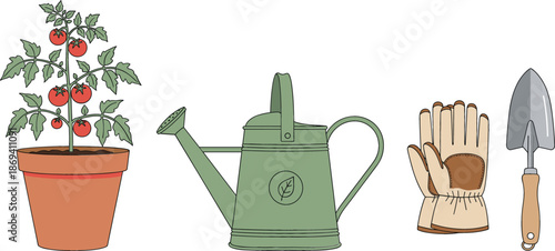 Home gardening flat vector set featuring a tomato plant in a terracotta pot green watering can protective gloves and hand trowel for hobby horticulture.