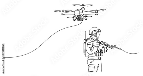 Continuous line drawing of a military soldier operating a tactical drone for surveillance