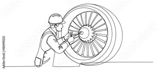 Continuous line drawing of an aerospace mechanic inspecting a large jet engine turbine