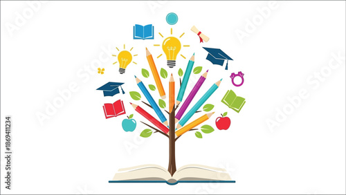 A colorful tree of knowledge with books pencils and graduation caps