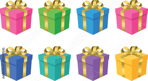 Set of colorful 3D gift boxes with golden ribbons and bows festive presents collection isolated on white background