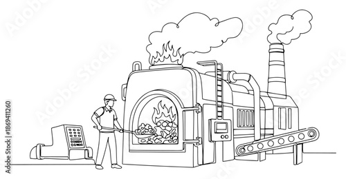 Continuous line drawing of a factory worker shoveling fuel into a large industrial furnace