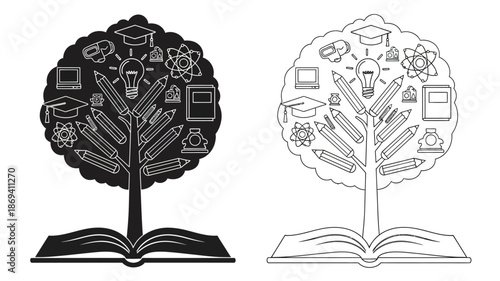 Knowledge tree with books graduation caps and learning icons in outline style