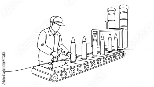One line art of a worker inspecting artillery shells on a factory conveyor belt