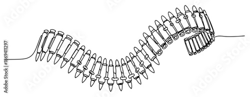 Continuous line drawing of a curved machine gun ammunition belt with cartridges