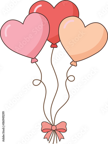 Cute heart-shaped balloon bouquet illustration with soft pastel colors and ribbon bow. Romantic vector design suitable for Valentine’s Day, love themes, wedding decorations, greeting cards, invitation