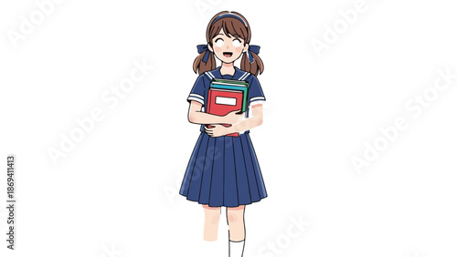 Happy young schoolgirl cartoon character in blue uniform holding books, isolated illustration isolated PNG with Transparent Background