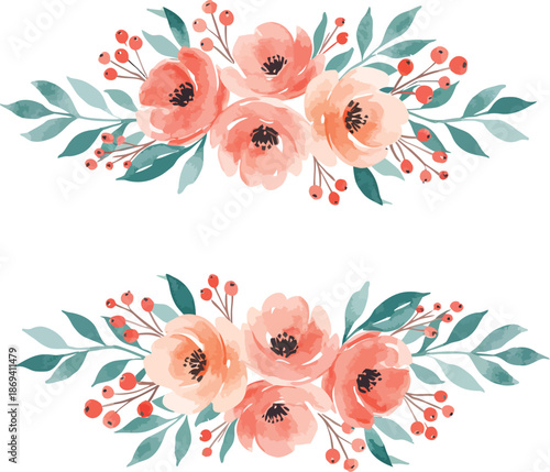 Two identical floral arrangements with pink roses and green leaves