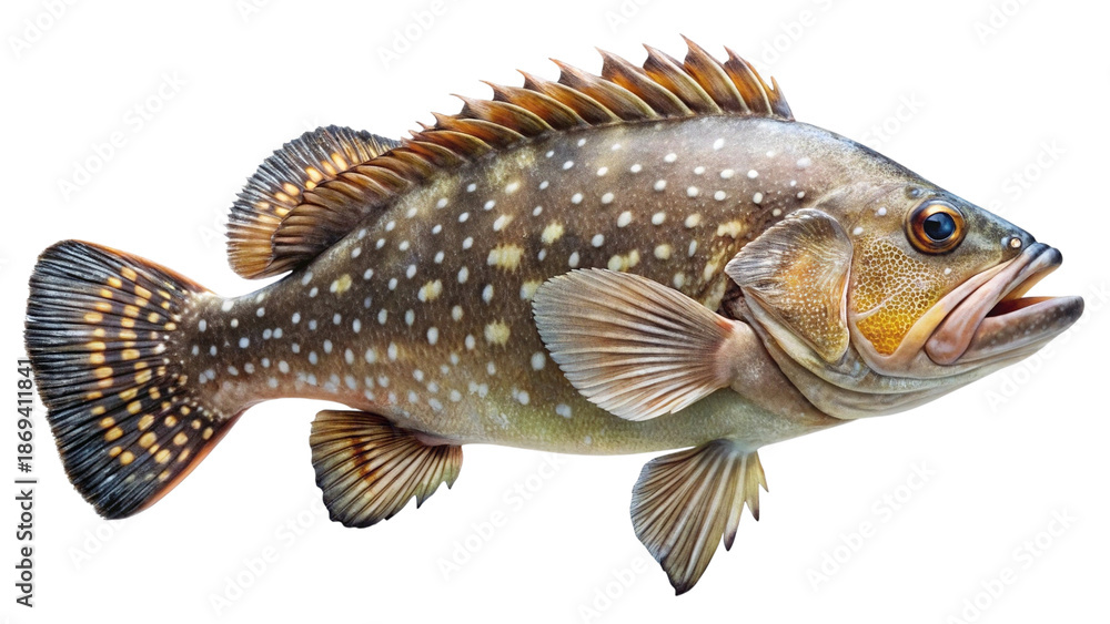 Fototapeta premium Vibrant spotted grouper fish with unique markings isolated.