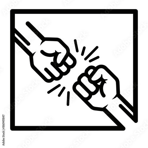 Bold black line art icon of a fist bump gesture with dynamic impact lines within a square frame.