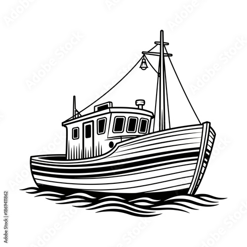 Classic black and white fishing boat illustration in a bold handdrawn line art style.