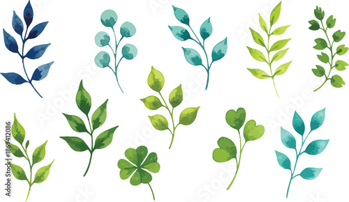 Watercolor illustration of various green and blue leaves and stems