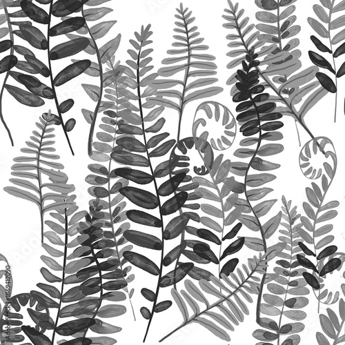 This is a monochrome watercolor illustration featuring hand-painted fern leaves arranged in a seamless botanical pattern. It can be used for wallpapers, textile prints, packaging design, stationery.