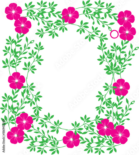 Pink Floral Rectangular Frame with Green Leaves and Copy Space