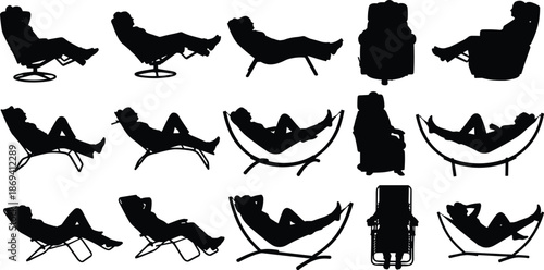 Silhouette collection of modern reclining chairs and lounge seating with human figures, ergonomic furniture design poses isolated on white