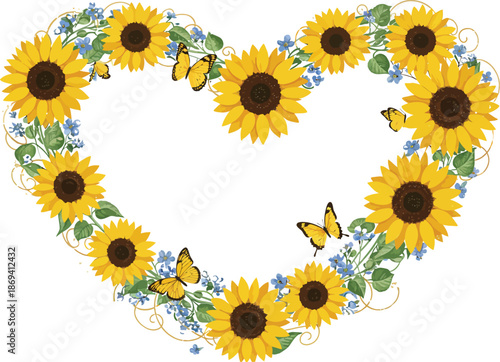 Heart shaped arrangement of sunflowers and flowers on white background