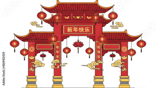 Simple vector style Chinese New Year celebration gate, red lanterns hanging