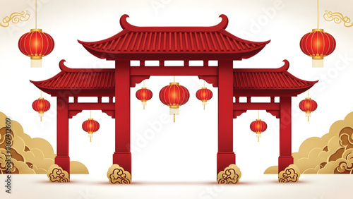 Red oriental gate with gold ornaments and Chinese lanterns