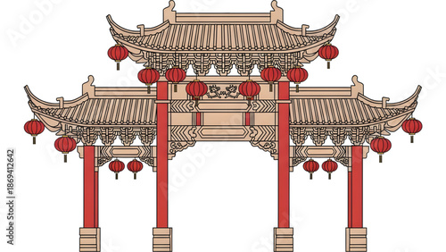 Classic Chinese gate with pagoda roof and lantern decoration