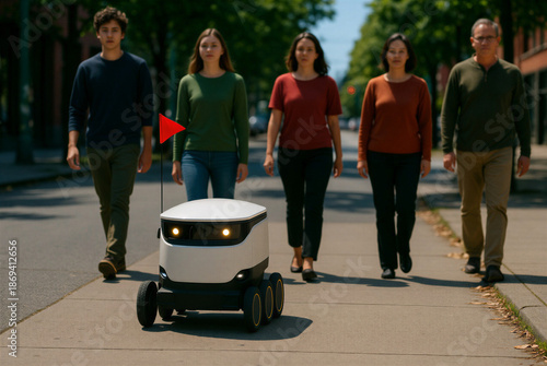 People in a futuristic mood walking alongside a delivery robot on a city sidewalk