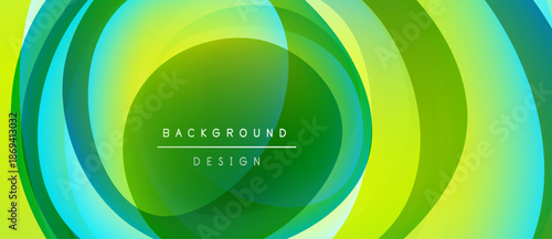 Abstract layers create vibrant circular design. Green, yellow hues dominate composition. Text reads background design. Modern aesthetic.