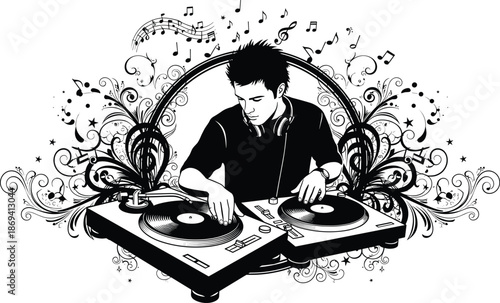 DJ mixing music on turntables with headphones, decorative sound waves and musical notes, club party black and white vector illustration