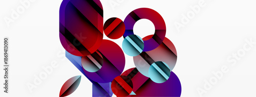 Abstract shapes overlap, creating vibrant color gradients. Composition feels modern, dynamic, visually interesting. White background emphasizes forms.