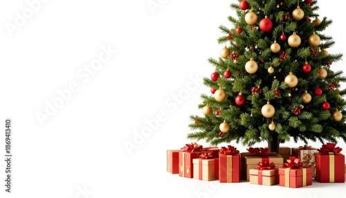 Composition with Christmas tree and gifts isolated on white background