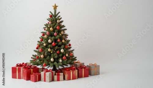 Composition with Christmas tree and gifts isolated on white background