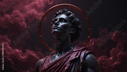 Dramatic Classical Marble Statue Bust with Gold Accents and red Halo on Dark Burgundy Background