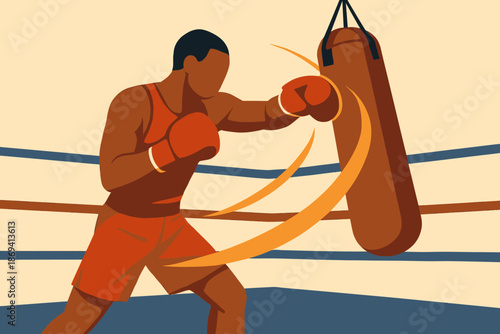 Boxer Training with Punching Bag in Boxing Ring Illustration.