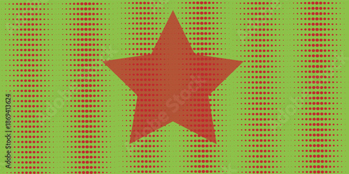 Seamless background pattern of evenly spaced red recycling symbols of different sizes and opacity. Vector illustration on light green background with stars