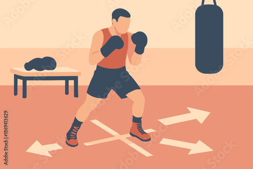 Boxer Training Footwork Drills in Gym Illustration.