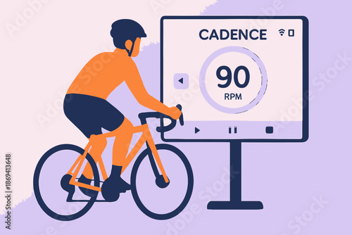 Cyclist monitoring cadence on screen during indoor training.