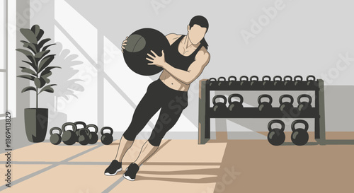 Man Exercising with Medicine Ball in Gym Illustration.