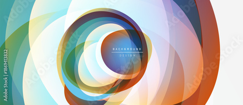 Abstract colorful circles create dynamic visual effect. Layers overlap, forming swirling pattern. Bright hues dominate composition.