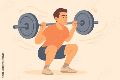 Man Performing Barbell Squat Exercise for Strength Training.