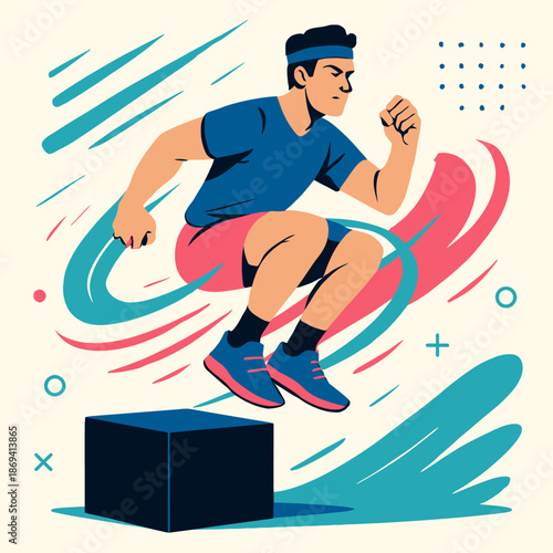 Man Performing Box Jump Exercise with Determination and Focus.