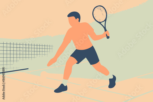 Man Playing Tennis with Racket Near Net.