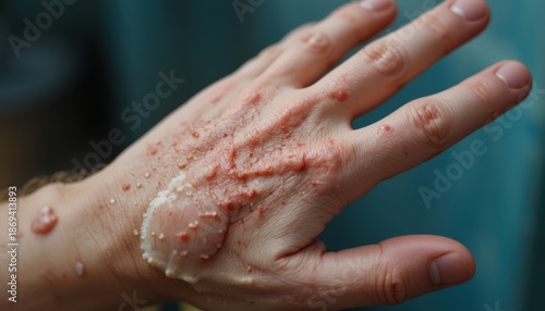 close up view of raised hand with Leprosy disease against blurred background