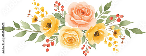 A beautiful bouquet of yellow roses with green leaves and flowers