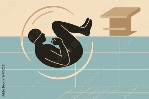 Silhouette of Swimmer Performing a Flip Turn in Pool.