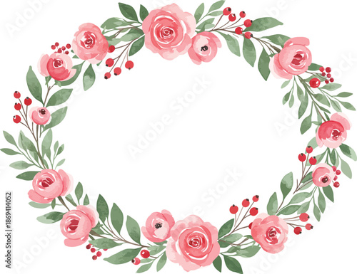 Pink floral wreath with green leaves and red berries on white background