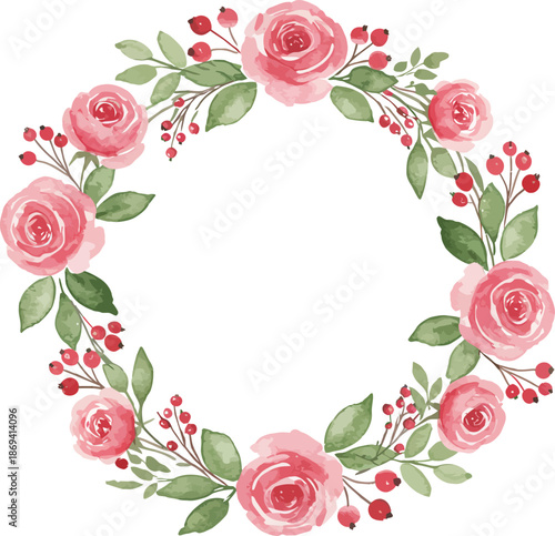Watercolor floral wreath with pink roses and green leaves on white background