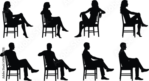 People sitting on chair silhouette set, men and women seated poses, furniture lifestyle illustration, minimal black vector collection design graphic