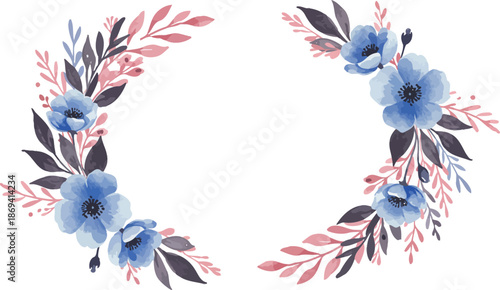 Watercolor floral wreath design with blue flowers and leaves on white background
